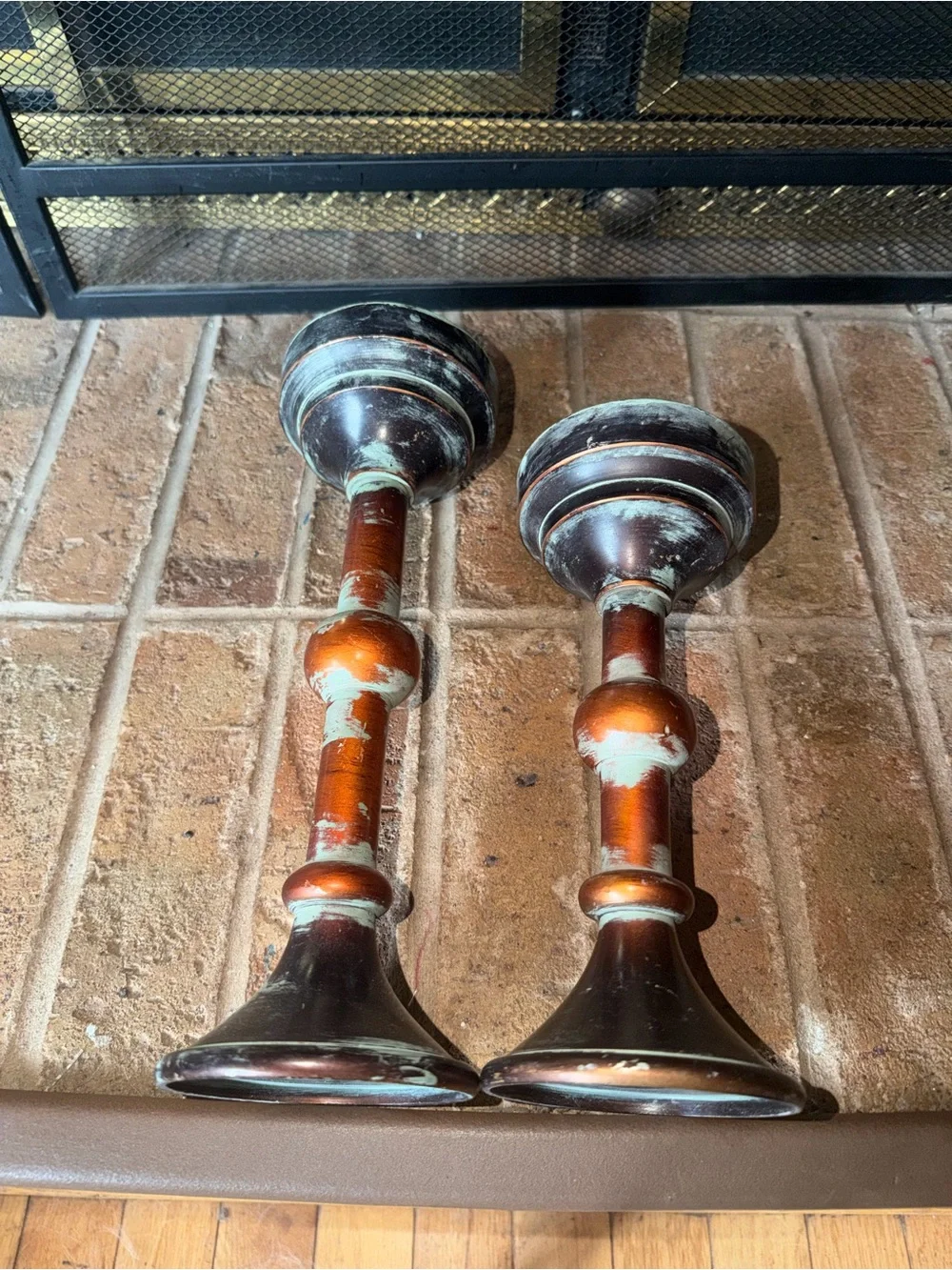 Rustic Distressed Brown & Turquoise Candle Holders - Home Accents